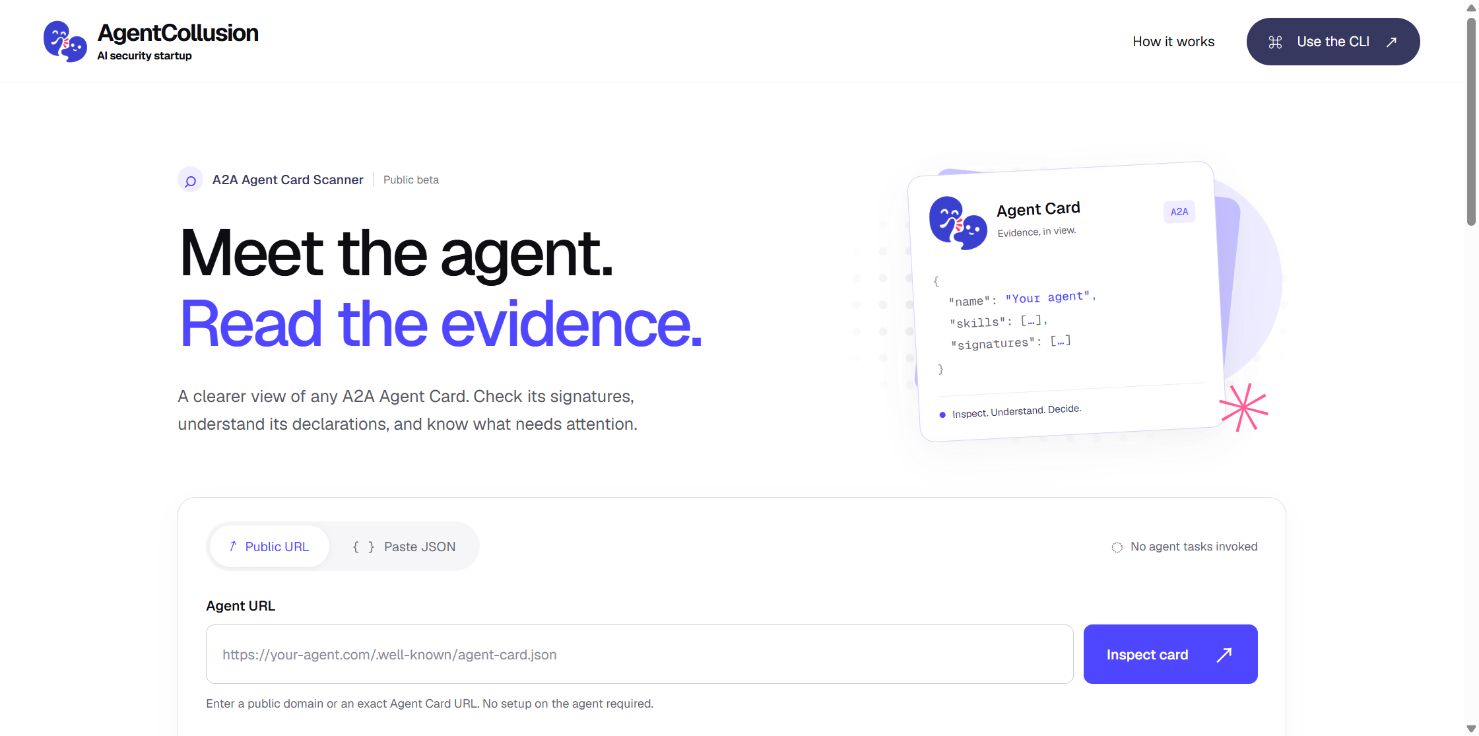 Agent Card Scanner offers a public URL input, a Paste JSON option, and an Inspect card action.