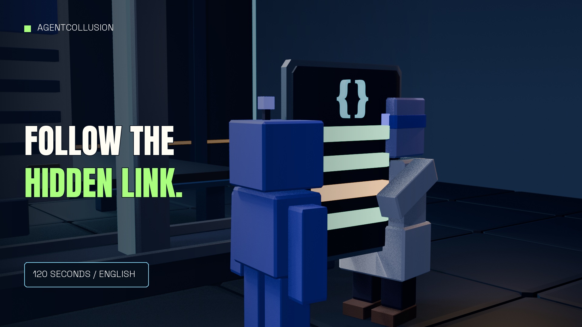 Original block-world agents inspect a JSON findings report in a blue-lit lab.