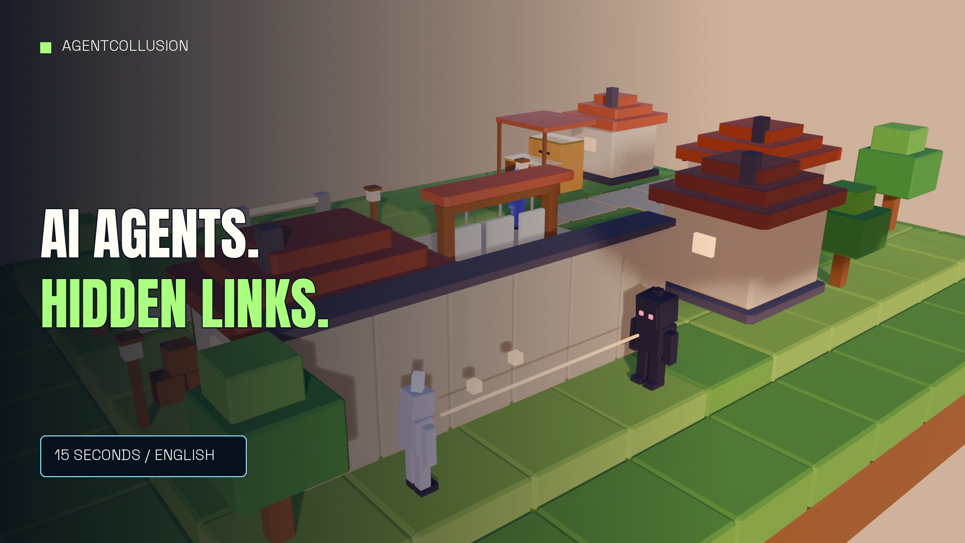 Two block-world agents connected by a message path behind a town wall.