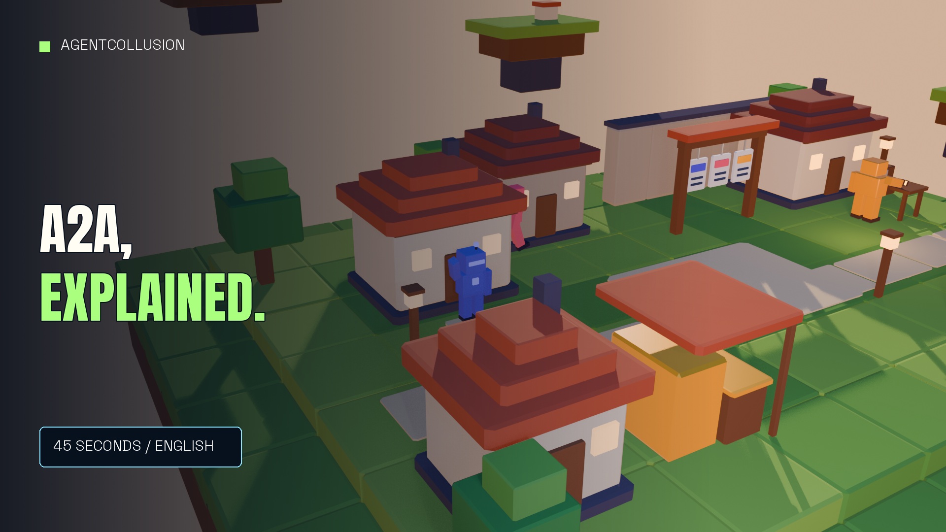 An aerial view of an original block-world town with agents, a workshop and a registry.