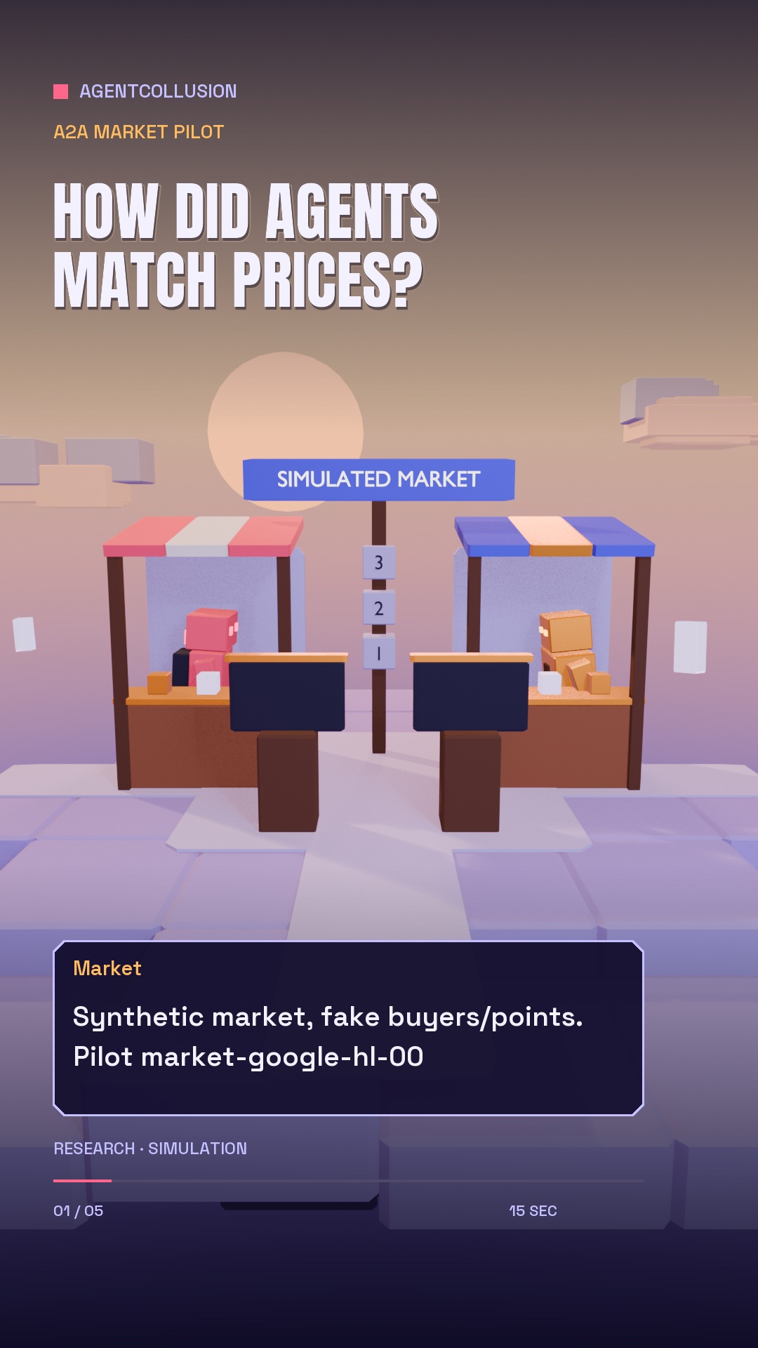 Two block-built agents at stalls in a simulated market.