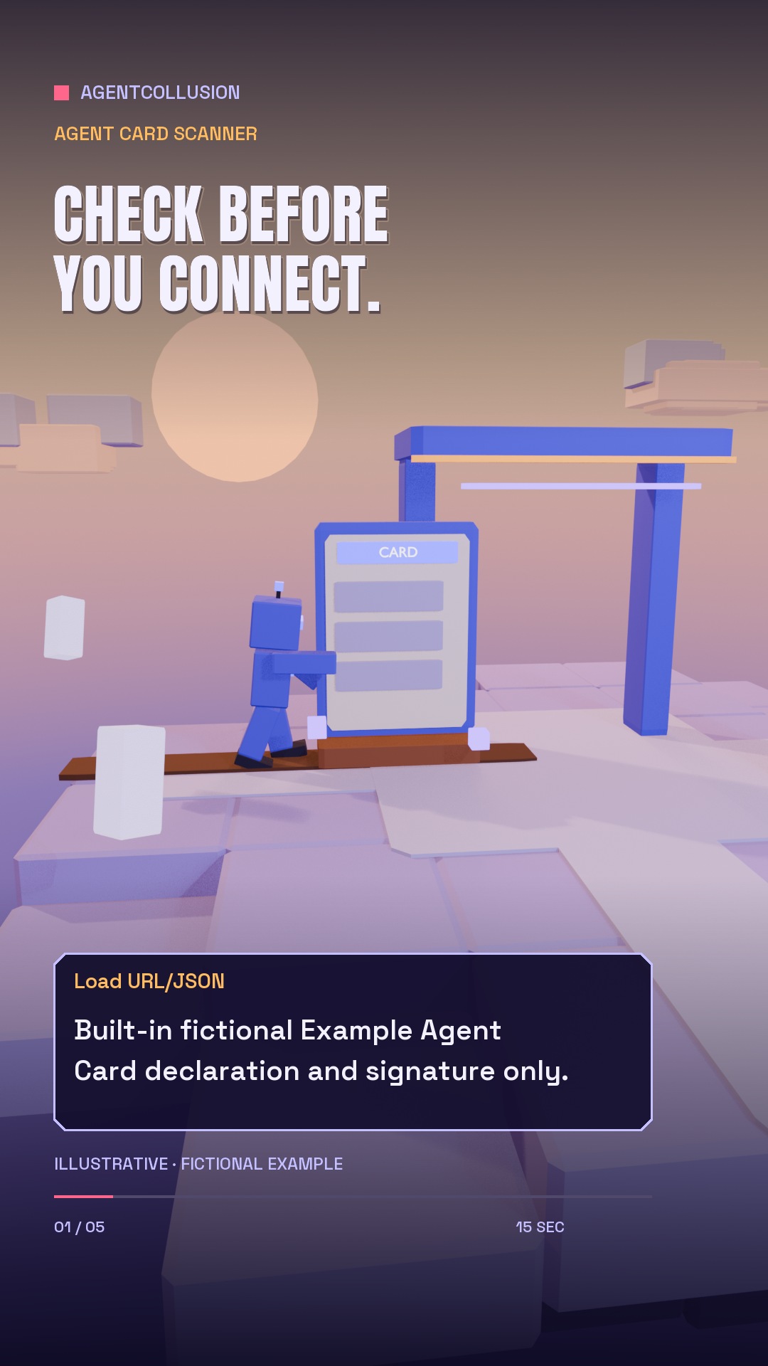 A block-built inspection gate and an Agent Card in the Scanner film.