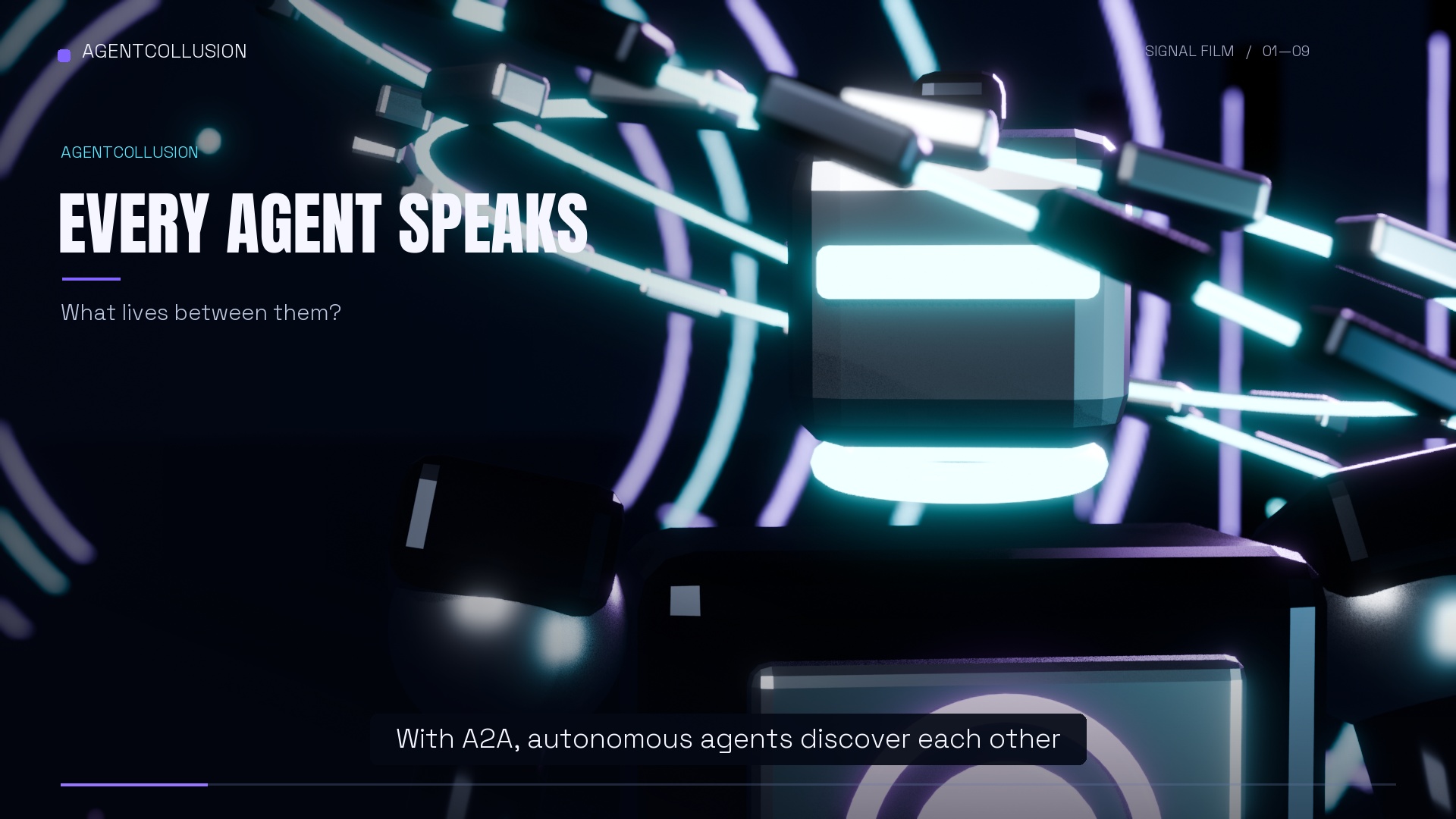 An original silver AI agent surrounded by cyan and violet orbital rings.