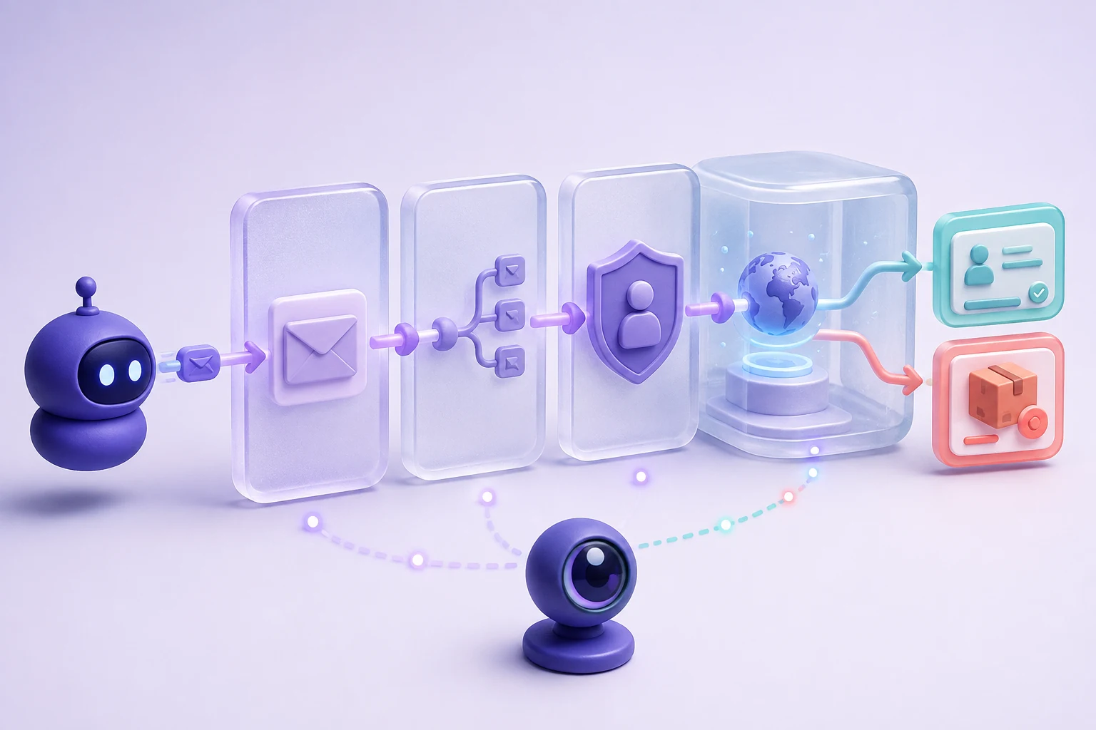 An AI agent sends a request through transport, protocol, authorization, and real-world effect layers while a guardian observes the complete path